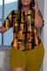 Brown Casual Print Basic O Neck Short Sleeve Two Pieces