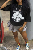 Black Casual Cartoon Print Letters O Neck T-Shirts
