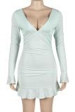 Blue Sexy Solid Color Patchwork Ruched V Neck Wrapped Skirt Dresses