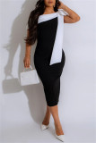 Green Casual Patchwork Slit Contrast Oblique Collar One Step Skirt Dresses