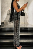 Black Sexy Patchwork Hot Drilling See-Through Backless Spaghetti Strap Long Dresses