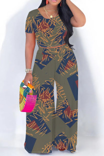 Army Green Casual Geometric Print Contrast O Neck Short Sleeve Two Pieces
