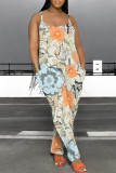 Beige Casual Floral Print Pocket U Neck Loose Jumpsuits