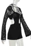Black Sexy Solid Color Lace Hollow Out Patchwork Strap Design Halter Skinny Rompers