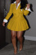 Yellow Casual Daily Letter Print Buttons Patchwork Pleated Turndown Collar Long Sleeve Two Pieces