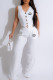 White Casual Letter Print Pocket Buttons V Neck Sleeveless Two Pieces