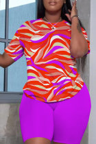 Purple Casual Print Basic O Neck Short Sleeve Two Pieces