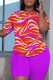 Purple Casual Print Basic O Neck Short Sleeve Two Pieces