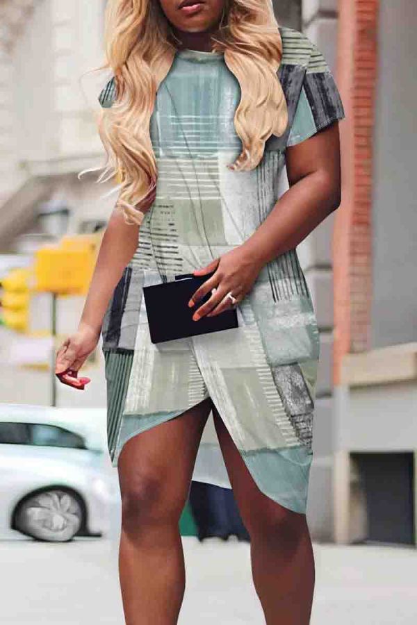 Light Green Sexy Print Patchwork O Neck Wrapped Skirt Dresses