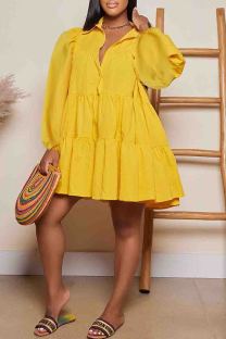 Yellow Casual Solid Color Buttons Patchwork Turndown Collar Ball Gown Dresses
