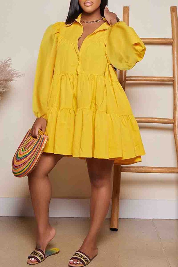 Yellow Casual Solid Color Buttons Patchwork Turndown Collar Ball Gown Dresses