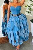 Blue Sexy Solid Color Patchwork Backless Ruffled Trim Strapless Sleeveless Two Pieces