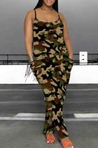Dark Green Casual Print Pocket Patchwork Backless Spaghetti Strap Loose Jumpsuits