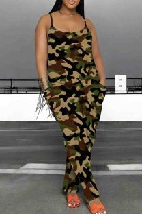 Dark Green Casual Print Pocket Patchwork Backless Spaghetti Strap Loose Jumpsuits