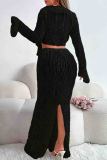 White Sexy Solid Color Patchwork Strap Design Ruffled Trim V Neck Long Sleeve Two Pieces