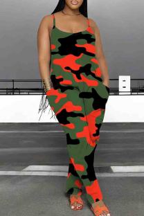 Orange Casual Print Pocket Patchwork Backless Spaghetti Strap Loose Jumpsuits