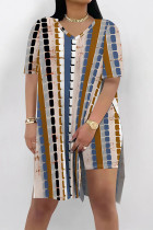 Multicolor Casual Street Leopard Print Chain print Slit Contrast V Neck Short Sleeve Two Pieces