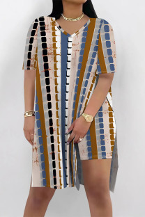 Multicolor Casual Street Leopard Print Chain print Slit Contrast V Neck Short Sleeve Two Pieces