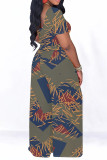 Army Green Casual Geometric Print Contrast O Neck Short Sleeve Two Pieces