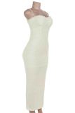 Light Apricot Sexy Solid Color Patchwork Backless Cross Straps Slit Spaghetti Strap Sling Dresses