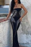 Black Sexy Patchwork Backless Slit Hot Drill Strapless Long Dresses