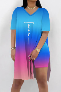 Blue Casual Gradient Print Stripe Letters Slit V Neck Short Sleeve Two Pieces