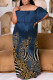Dark Blue Casual Print Patchwork Off Shoulder Long Plus Size Dresses