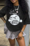 Black Casual Cartoon Print Letters O Neck T-Shirts