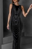 Black Sexy Party Patchwork Hot Drill O Neck Evening Dresses