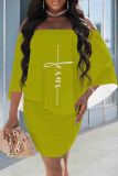 Red Casual Letters Patchwork Off Shoulder Wrapped Skirt Dresses