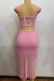 Pink Sexy Solid Color Patchwork See-Through Backless Square Neck Sleeveless Two Pieces