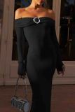 Black Elegant Solid Color Patchwork Backless Slit Off Shoulder Long Dresses