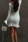 Blue Sexy Solid Color Patchwork Ruched V Neck Wrapped Skirt Dresses