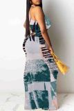 Blue Elegant Print Patchwork O Neck Long Dresses
