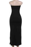 Black Sexy Patchwork Backless Slit Hot Drill Strapless Long Dresses