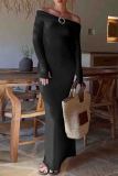 Black Elegant Solid Color Patchwork Backless Slit Off Shoulder Long Dresses