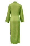 Green Casual Solid Color Buckle Patchwork Slit Turndown Collar Long Dresses