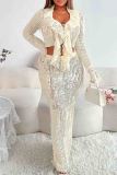 White Sexy Solid Color Patchwork Strap Design Ruffled Trim V Neck Long Sleeve Two Pieces