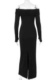 Black Elegant Solid Color Patchwork Backless Slit Off Shoulder Long Dresses