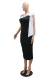 Green Casual Patchwork Slit Contrast Oblique Collar One Step Skirt Dresses