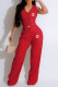 Red Casual Letter Print Pocket Buttons V Neck Sleeveless Two Pieces