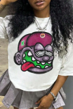 White Casual Cartoon Print O Neck T-Shirts