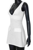 White Sexy Solid Color Patchwork Backless V Neck Wrapped Skirt Dresses