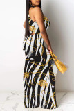 White Elegant Striped Print Flowers Contrast O Neck One Step Skirt Dresses