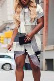 Blue Sexy Print Patchwork O Neck Wrapped Skirt Dresses