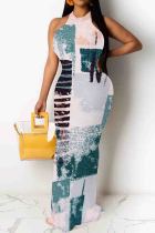 White Green Elegant Print Patchwork O Neck Long Dresses
