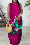 Deep Blue Casual Butterfly Print Basic O Neck Long Dresses