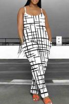 White Casual Print Patchwork Backless Spaghetti Strap Loose Jumpsuits