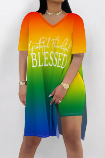Orange Casual Gradient Print Stripe Letters Slit V Neck Short Sleeve Two Pieces
