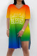 Orange Casual Gradient Print Stripe Letters Slit V Neck Short Sleeve Two Pieces
